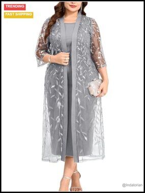 Plus Size 2 Piece Dress Suit Sheer Sequin Cardigan Formal Wedding Guest